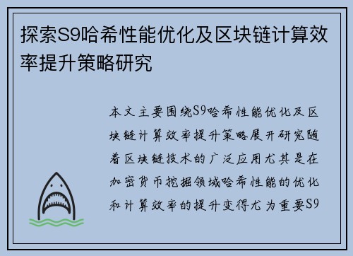 探索S9哈希性能优化及区块链计算效率提升策略研究